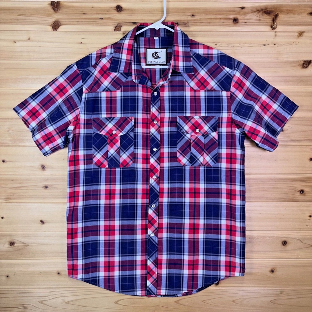Coevals Club Shirt Mens Medium Red White and Blue Plaid Pearl Snap Button Up